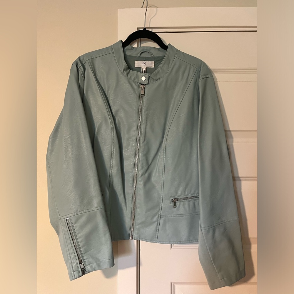 Plus size baby blue faux leather zip-up jacket, 3X